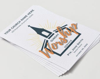 May include: Stack of white paper church bulletins with a blue and orange graphic of a church building and the word "Worship" with the text "Sunday Service" and "PTR. JOHN SMITH Senior Pastor OCTOBER 20, 2024" printed on the front.