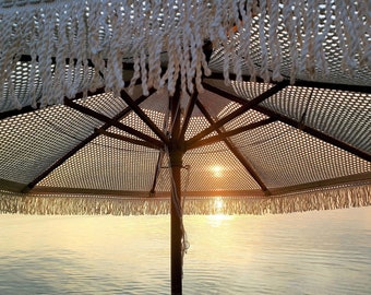 Makramee Boho Abdeckung für Strandschirm - Sonnenschirm Baumwollgarn Beige mit Fransen