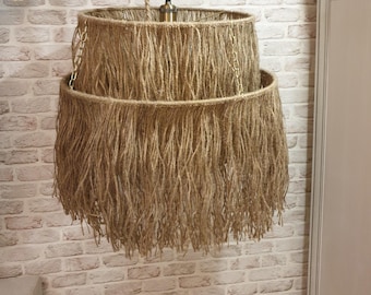 Handgefertigte Boho Pendelleuchte, Jute Fransen Kronleuchter, naturalistische Deckenbeleuchtung, Beach Style Leuchte