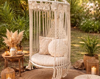 Boho Macrame Hanging Chair – Handmade Cotton Hammock Swing Seat for Garden, Patio & Bohemian Outdoor Decor