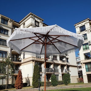 Macrame Boho Beach Parasol With White Cotton Yarn Canopy With Fringe- Foldable Balinese Style Outdoor Umbrella
