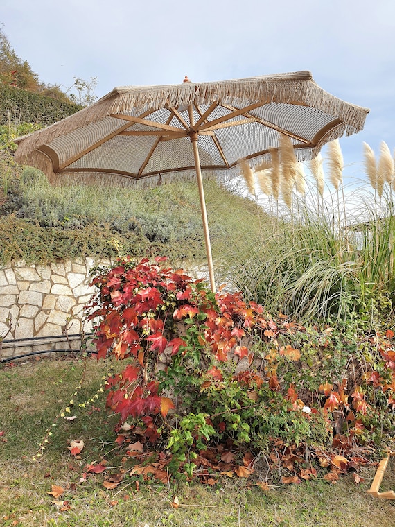 Ombrellone con Frangia, Ombrellone da Spiaggia da Esterno Portatile con 8 Costole in Fibra di Vetro Antivento e Borsa per il Trasporto, UV 50+, Ombrellone con Asta di Inclinazione per Giardino Piscina