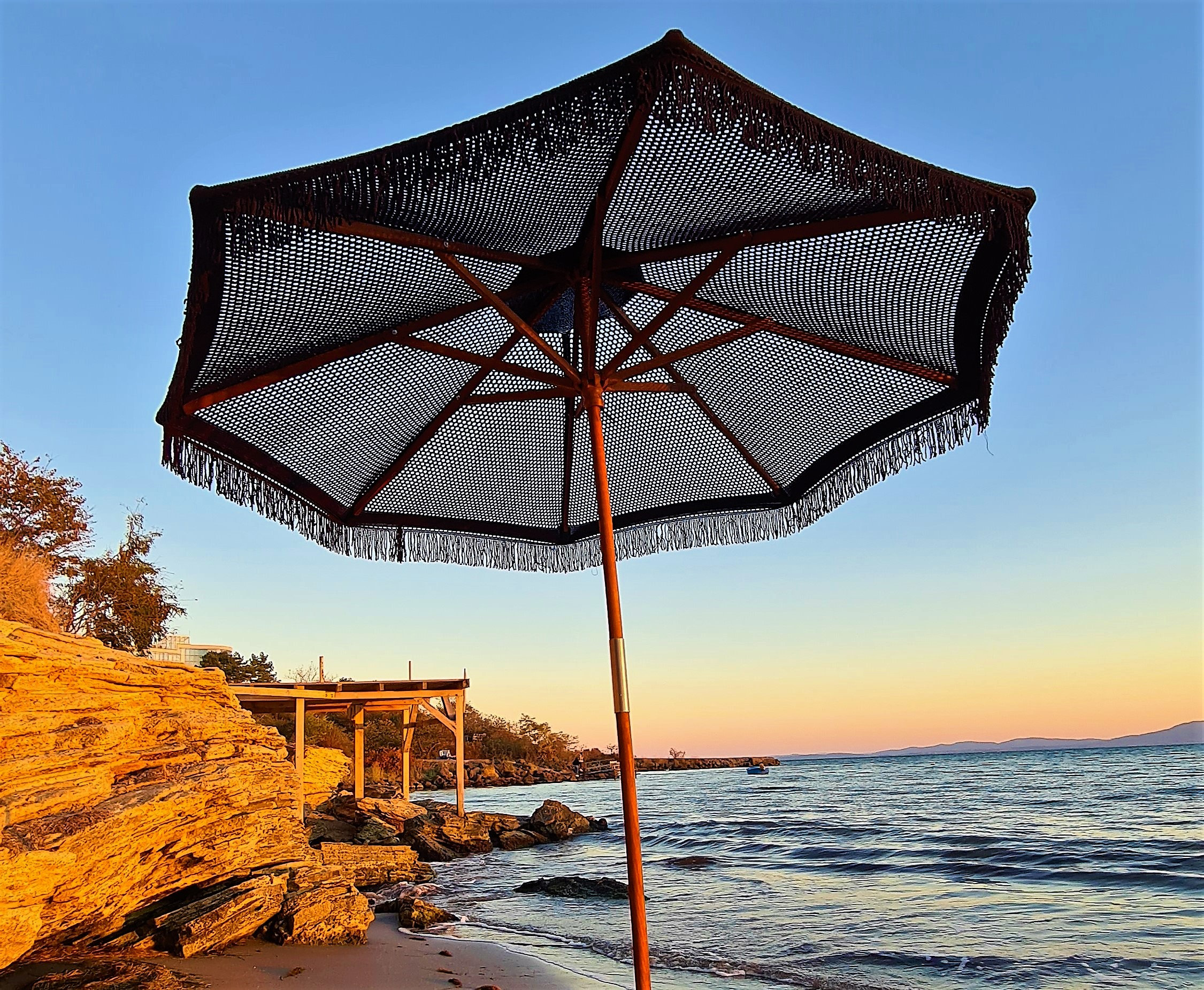 convert beach umbrella to patio Compact Fiberglass Ribs Green Boho Beach Umbrella With