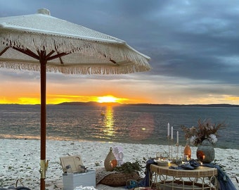 Macrame Boho Beach Parasol With Beige Cotton Yarn Canopy With Fringe- Foldable Balinese Style Outdoor Umbrella