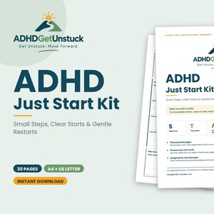 Puede incluir: Un libro de ejercicios imprimible ADHD Just Start Kit con un logotipo de un sol sobre un camino sinuoso. La portada muestra el título, el subtítulo Small Steps, Clear Starts & Gentle Restarts y una guía de acrónimo START.