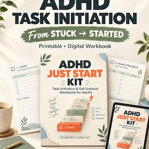 Peut inclure: Un cahier d'exercices imprimable et numérique intitulé ADHD JUST START KIT. La couverture présente un graphique en escalier à cinq marches avec le texte Small Steps Big Changes, Focus, Plan, Take Action et Feel Better. Inclut des pages pour le suivi des tâches.