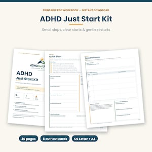 Peut inclure: Un cahier d'exercices PDF imprimable intitulé ADHD Just Start Kit, comprenant des pages avec des sections Quick Start et Task Staircase. Le document contient 30 pages, 8 cartes à découper, aux formats US Letter et A4 pour l'organisation.