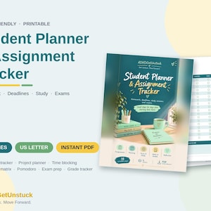Peut inclure: Un planificateur étudiant et suivi des devoirs imprimable de 38 pages. La couverture affiche le texte Student Planner & Assignment Tracker, ADHDGetUnstuck, ainsi que des mentions pour les devoirs, les échéances, l'étude et les examens.