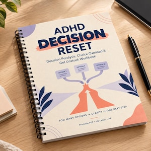Puede incluir: Un cuaderno de espiral titulado ADHD DECISION RESET con portada color crema, texto azul oscuro, un gráfico de flujo con tres opciones y formas abstractas color coral. La portada incluye el texto: Decision Paralysis, Choice Overload & Get Unstuck Workbook, Too Many Options -> Clarity -> One Next Step, además de Printable PDF, US Letter y A4.