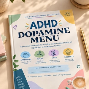 May include: A workbook titled The Dopamine Menu Collection ADHD Dopamine Menu with a practical workbook subtitle. The cover features colourful icons for Appetizers, Mains, Sides, and Desserts, with sections for Better Choices, More Energy, A Happier You, and US Letter + A4.