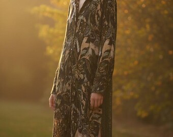 Mixed texture army green paisley floral and lace tunic dress and pants set