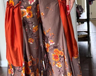 Boho Hippie Silk Floral Palazzo Pants for Women – High Waisted Floral Brown Wide Leg Pants for Bachelorette, Date Night & Festival Wear