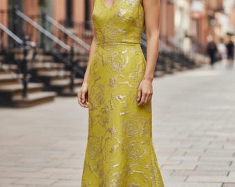 Lime Green Brocade Wedding Guest Dress For Women, Easter Sunday Dress, Church Event Outfit, Luxury Nigerian Fashion, Garden Party Midi Dress