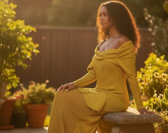 Yellow statement luxury dress with long sleeves