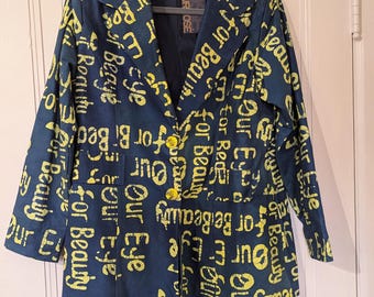 Blazer da donna di lusso "Our Eyes for Beauty", giacca alla moda blu e gialla per donna, cappotto casual di lusso per streetwear e occasioni speciali.