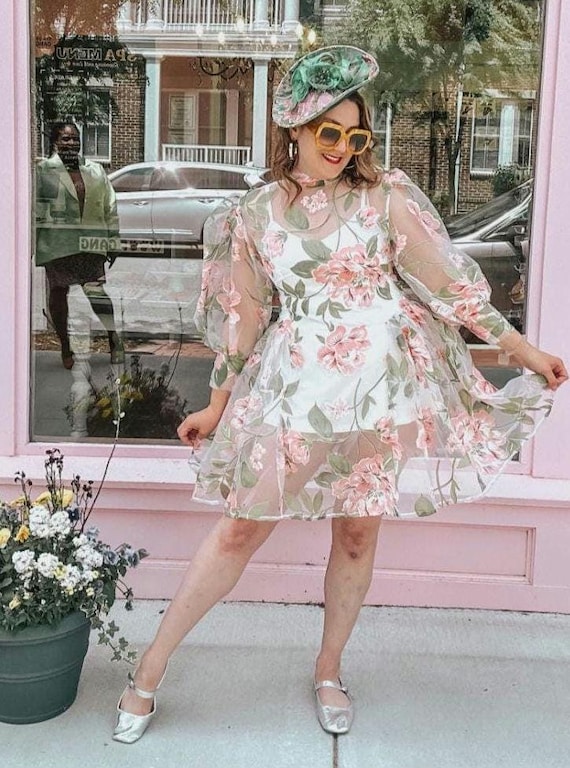 Luxury Sheer Floral Organza Skater Dress for Women, Derby Dress, Wedding Guest Dress, Tea Party Dress with Puff Sleeves Summer Dress, Church
