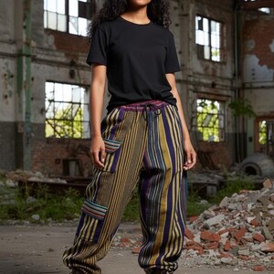 AI generated image of unisex streetwear outfit showing multicolored Asoke cargo pants styled with black shirt and boots for fashion concept display