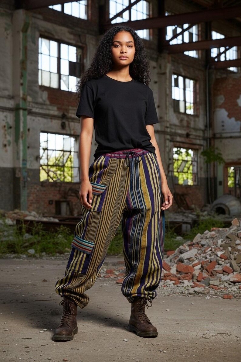 AI generated image of unisex streetwear outfit showing multicolored Asoke cargo pants styled with black shirt and boots for fashion concept display