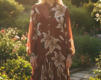 Red Sheer Floral Maxi Dress with Long Sleeves