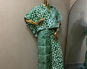Green Adire Two Piece Pant Set for Women Who Love African Fashion, Vacation Outfit, Family Event & Celebration Wear, Wide Leg Matching Set