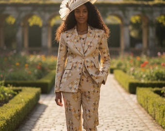 Champagne Women's Floral Suit Set, Easter Outfit For Women, Wedding Guest Pantsuit, Church Suit, Business Luncheon Outfit, Garden Party Suit