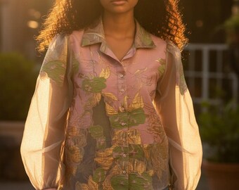 Pink Nigerian Button Blouse with sheer sleeves