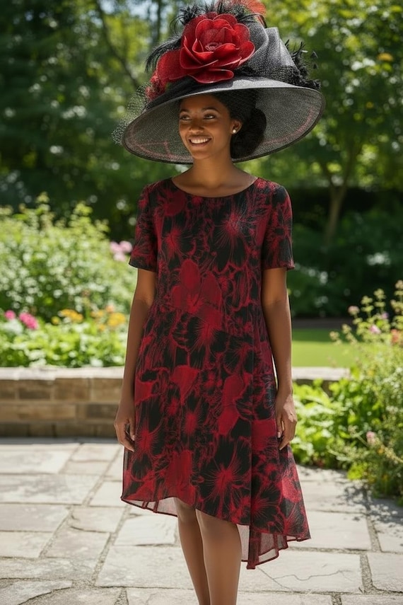 black kentucky derby dress Red Floral Wedding Guest Dress, Church Dress, Tea Party Outfit, Ladies Day Dress for Women, Royal Ascot Outfit, Wear it at the