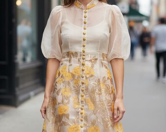 Ivory Yellow Floral Bridal Shower Dress For Women, Bachelorette Party Outfit, Easter Brunch, Garden Party, Tea Party Outfit, Church Dress