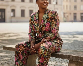 Black Multicolored Floral Pantsuit for Wedding Guest, Luxury Women's Formal Event Suit, Prom Outfit, Fashion Event, Investment Wardrobe