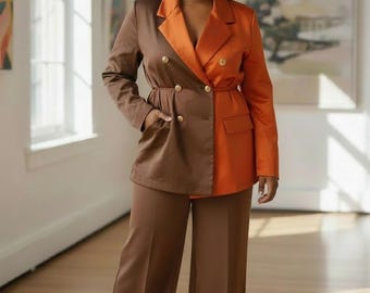 Two Tone Color Block Blazer Suit Women, Mocha Burnt Orange Pants Set, Double Breasted Wide Leg Trousers Outfit, Statement Power Suit*