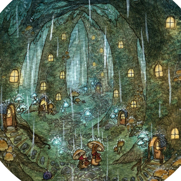 Rainy Mushroom Village Fine Art Print