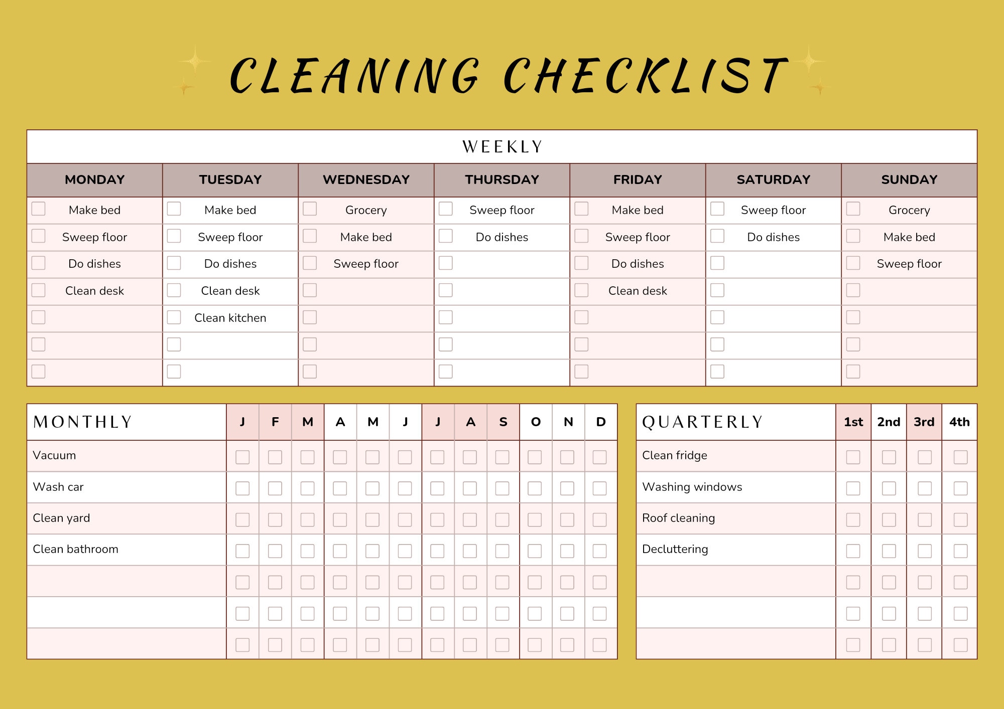 Cleaning Checklist Printable Daily, Weekly, Monthly & Quarterly ...