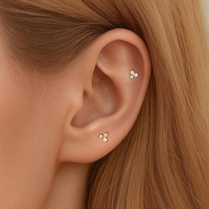 May include: Two small stud earrings, each featuring three tiny white stones arranged in a triangular cluster. One earring is silver-toned and positioned in the upper ear cartilage, while the other is gold-toned and placed in the earlobe.