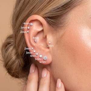 Dainty Multi Sizes Round CZ Piercing Studs, Titanium Internal Thread Sparkle Solitaire Minimal Cartilage Curated Ear Stack Jewelry