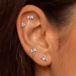 Dainty Multi Animal Piercing Studs, Titanium Internal Thread Pear CZ Wing Nature Mini Creature Layered Curated Ear Stack Jewelry