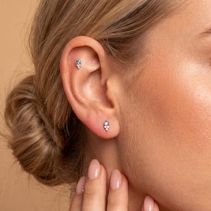 Dainty Natural Moonstone & Moss Agate Piercing Stud, Titanium Steel Internal Threaded Triple CZ Floral Cartilage Ear Stack Jewelry