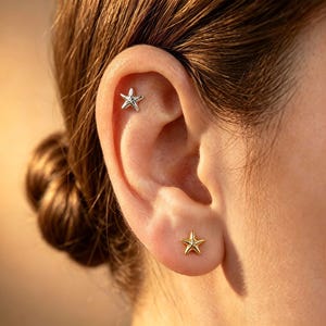 May include: A silver-toned starfish earring stud is positioned in the upper cartilage of the ear, while a gold-toned starfish earring stud is placed in the earlobe. Both earrings feature a five-pointed star shape with a textured center detail.