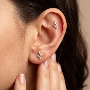 Dainty Marquise CZ Leaf Branch Piercing Stud, Titanium Steel Internal Threaded Sparkly Botanical Cartilage Ear Stack Jewelry