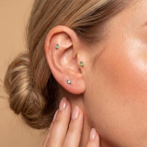 Dainty Marquise Moss Agate Piercing Stud, Titanium Steel Internal Threaded Prong Set Natural Stone Cartilage Ear Stack Jewelry