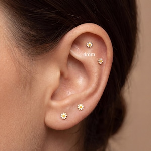 May include: Four small daisy-shaped stud earrings with white petals and yellow centers. The earrings are arranged on an ear, with two in the lobe and two in the upper cartilage area. The text 4mm is visible near the upper cartilage piercings.