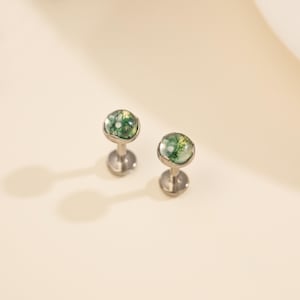Internal Threaded Moss Agate Stud, Titanium Steel Bezel Set Green Natural Gem Cartilage Helix Piercing Earring
