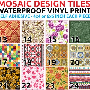 Könnte beinhalten: Eine Auswahl an Mosaikfliesen mit verschiedenen Mustern, darunter Blumen-, geometrische und abstrakte Designs. Die Fliesen sind wasserfeste Vinylprints und selbstklebend, erhältlich in 10x10 cm oder 15x15 cm Größen. Jede Fliese ist zur einfachen Auswahl nummeriert.