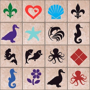 May include: Sixteen square tiles with various designs. These include a fleur-de-lis, a heart, a seashell, a duck, a starfish, dolphins, a seahorse, a mermaid, fish, an octopus, and a flower. The tiles are arranged in a grid pattern.