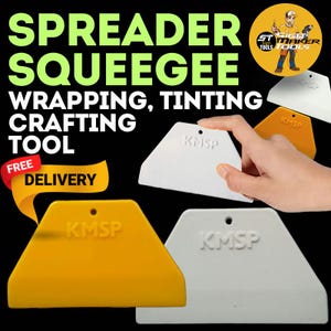May include: Several yellow and white spreader squeegees, each marked with "KMSP". The image features the text "SPREADER SQUEEGEE WRAPPING, TINTING CRAFTING TOOL" and "FREE DELIVERY". A logo for "ST MAKER TOOLS" is visible in the top right corner.