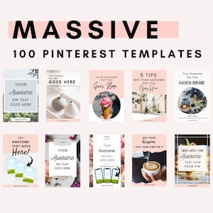 May include: A collection of 100 Pinterest templates with various designs and layouts. The templates feature different colors, fonts, and images, including ice cream, coffee, and flowers. The text on the templates includes phrases like "Your Awesome Pin Title Goes Here" and "5 Tips Why Your Awesome Pin Title Goes Here".