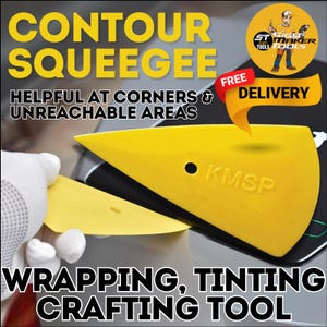 May include: Yellow contour squeegee tool with the text "CONTOUR SQUEEGEE" and "HELPFUL AT CORNERS & UNREACHABLE AREAS". The tool is labelled "KMSP" and is used for wrapping, tinting, and crafting. The image also includes the text "WRAPPING, TINTING CRAFTING TOOL".