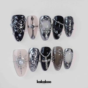 Black Designed Nails | Press On Nails Almond | Beach Press-Ons | Hand-painted Acrylic Spring Fake Nail | Girl gift, Summer Nails |Crusaders