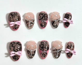 Black Lace Bow Press On Nails: Pink Almond Handpainted False Nails