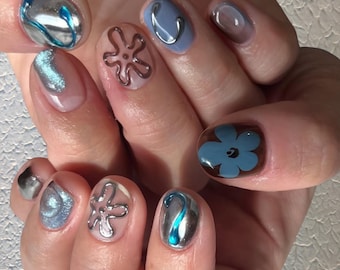 Frühlingsblume extra kurze runde handgemachte Presse auf Nägel, handgemachte Gel-Nägel, 3D-Nägel, Geschenk für sie, Blumen-Nägel, Hochzeitsnägel
