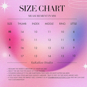 May include: A size chart with measurements in millimeters for nail sizes. The chart includes sizes XS, S, M, and L, with corresponding measurements for thumb, index, middle, ring, and little fingers. The chart is on a gradient pink and purple background.